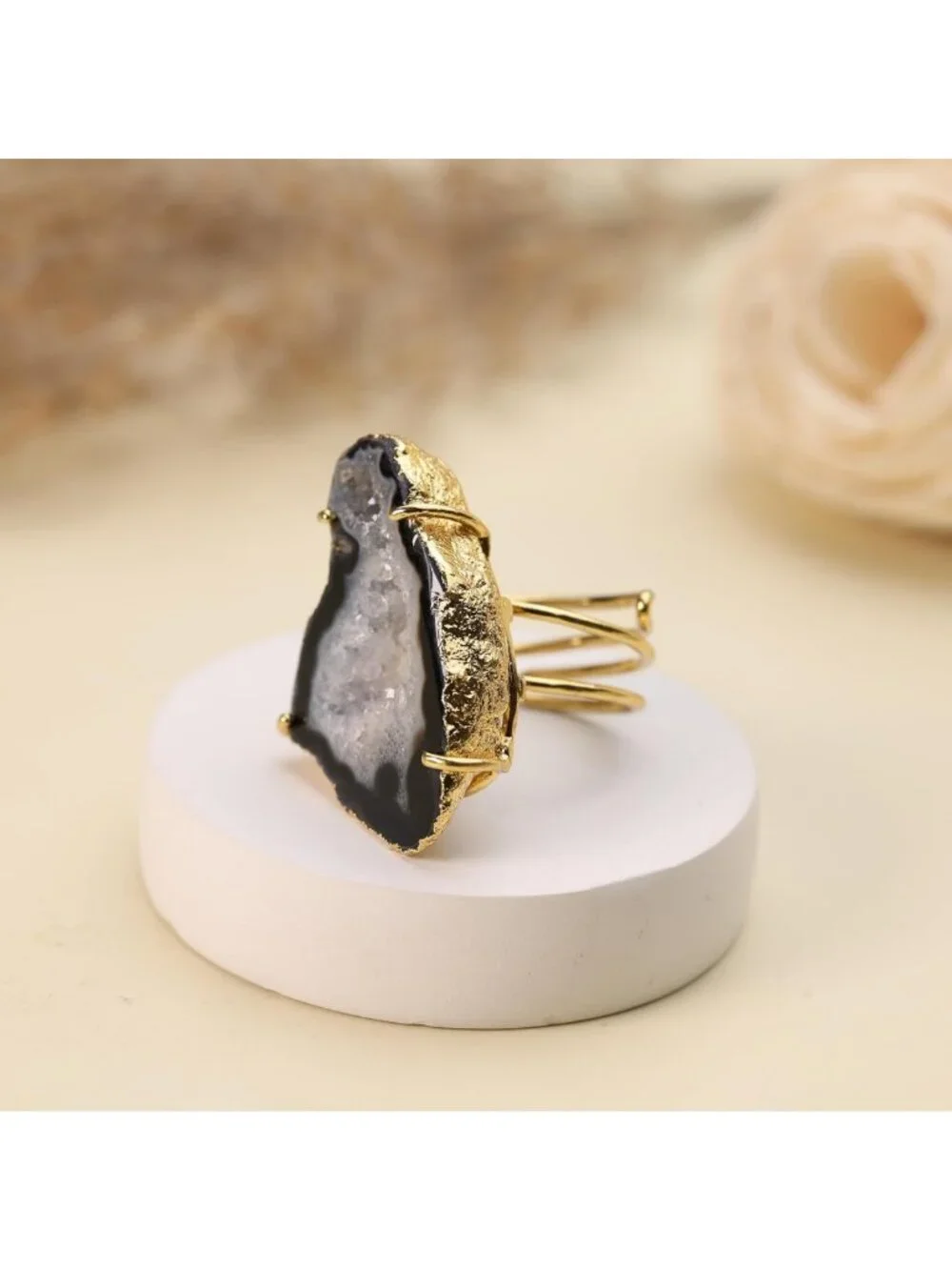 Chunky Gold Plated Adjustable Agate Druzy Ring - Natural Geode Statement Jewelry